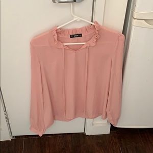 business casual office soft pink dressy blouse with tie